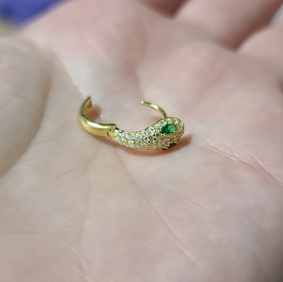 🐍Serpent Snake Hoop Stacking 925 Sterling Silver Yellow Gold Green Zircon Pave - Picture 15 of 16